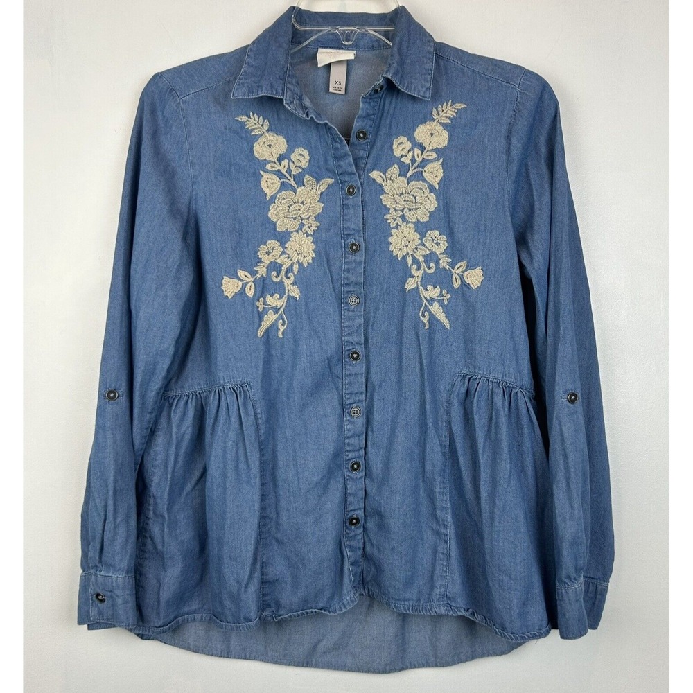 Knox Rose Top Women XS Blue Chambray Babydoll Button Up Embroidered Floral